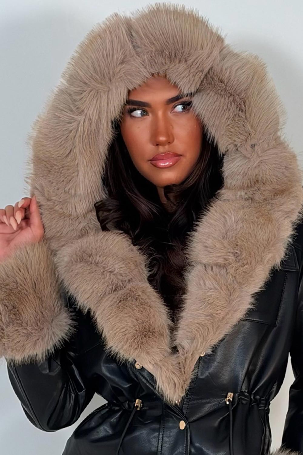 womens leather look jacket with fur collar and cuff black styledup