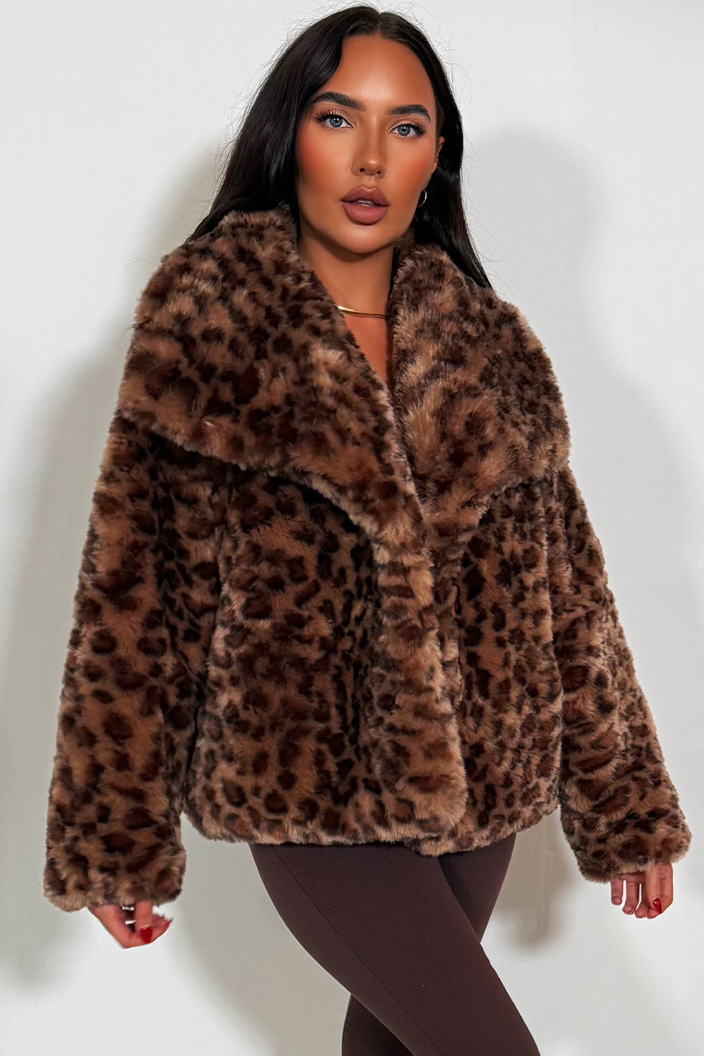 womens faux fur animal print jacket with collar styledup