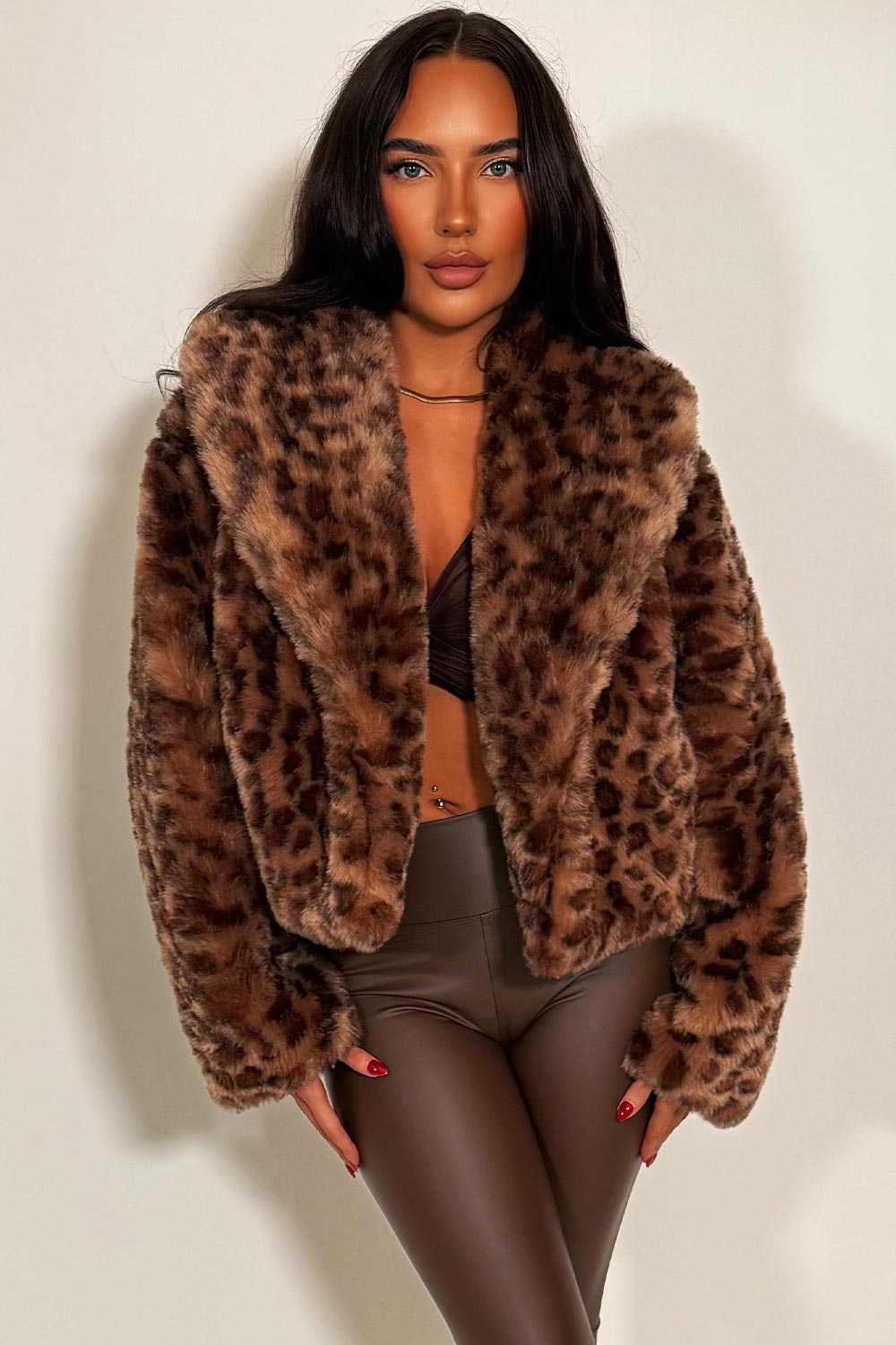 leopard print faux fur jacket with collar styledup