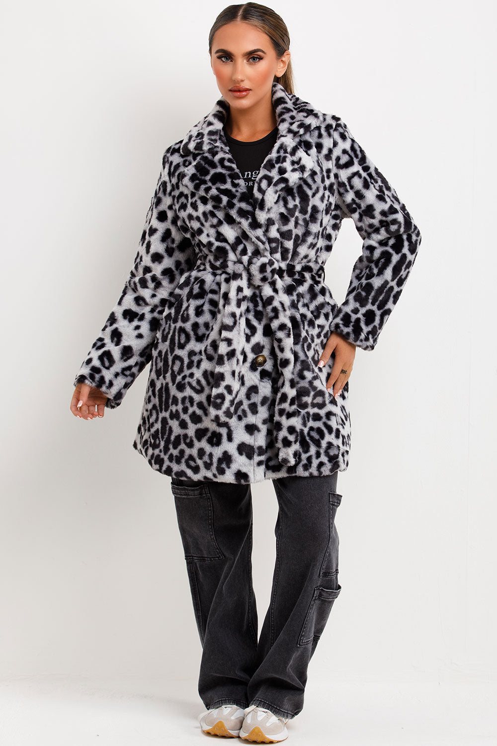 womens leopard print faux fur coat with belt and collar sale outerwear