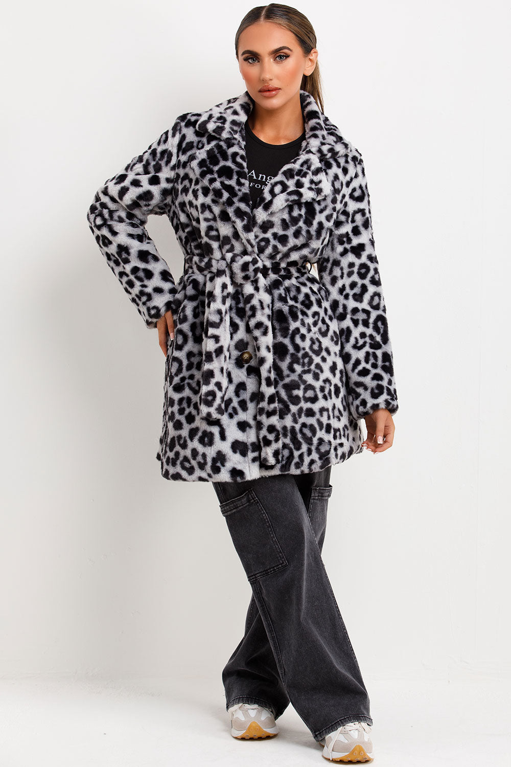 leopard print fur coat with belt for womens styled up coats and jackets