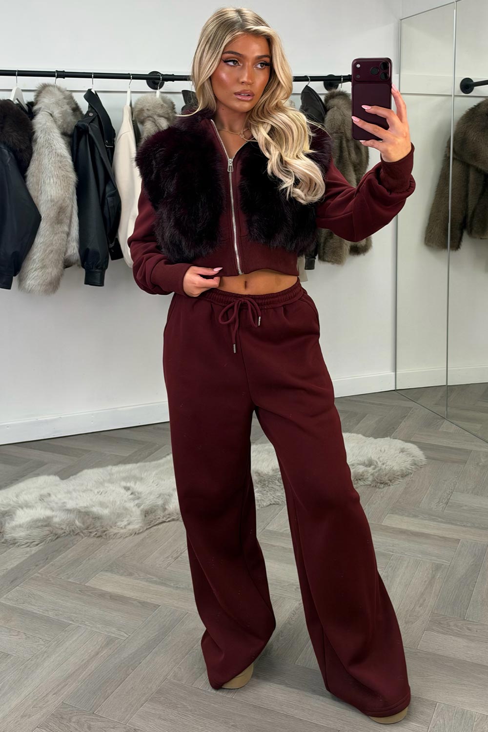 womens faux fur hoodie and wide leg joggers two piece co ord set burgundy styledup uk