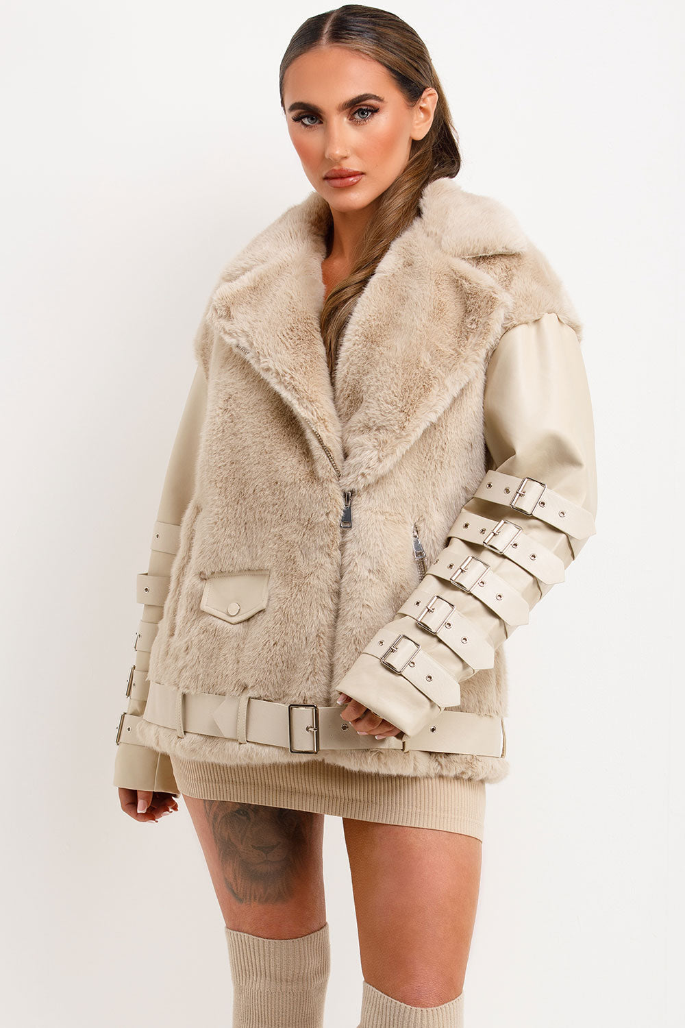 faux fur faux leather aviator jacket womens