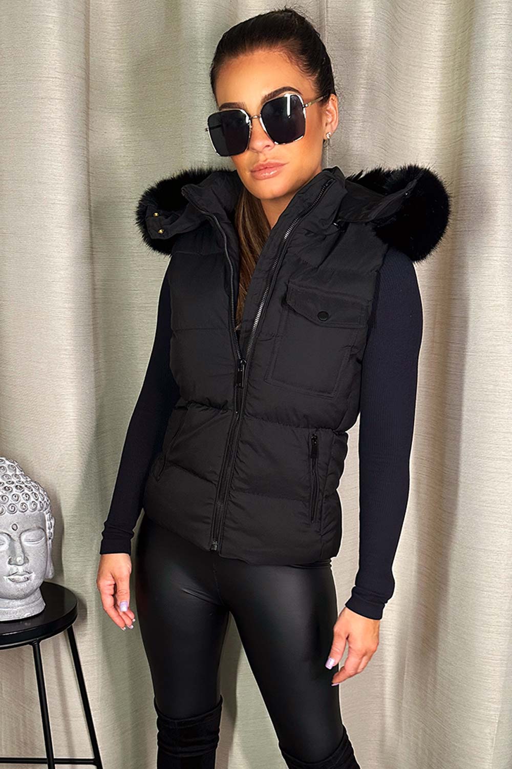 gilet with faux fur hood womens bodywarmer