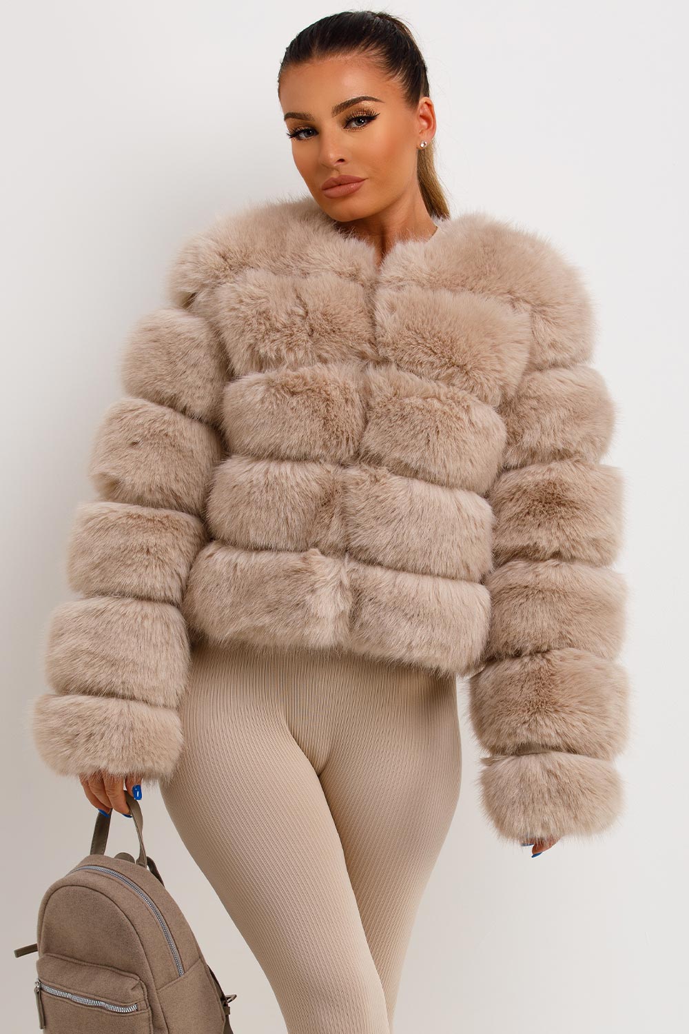 womens beige faux fur bubble coat sale uk