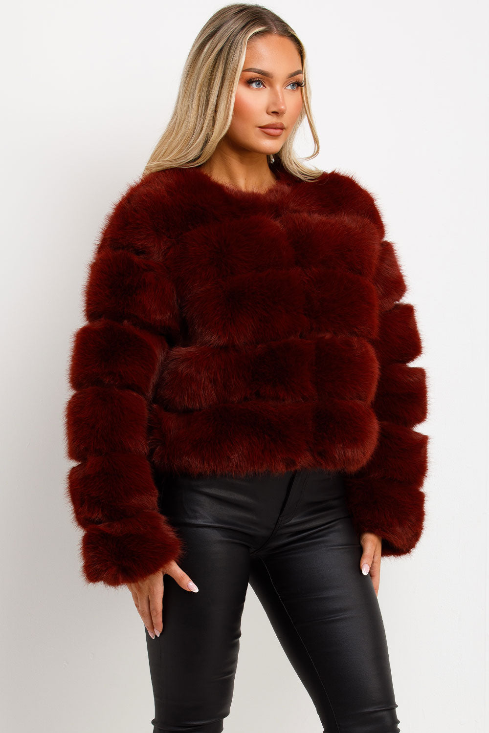 womens faux fur bubble panelled cropped jacket