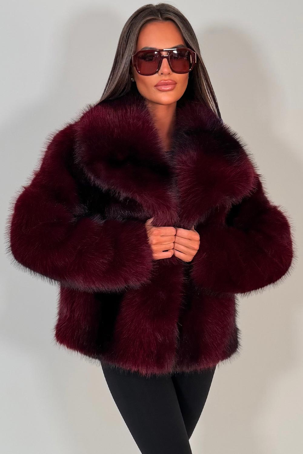 burgundy faux fur jacket with collar styledup uk