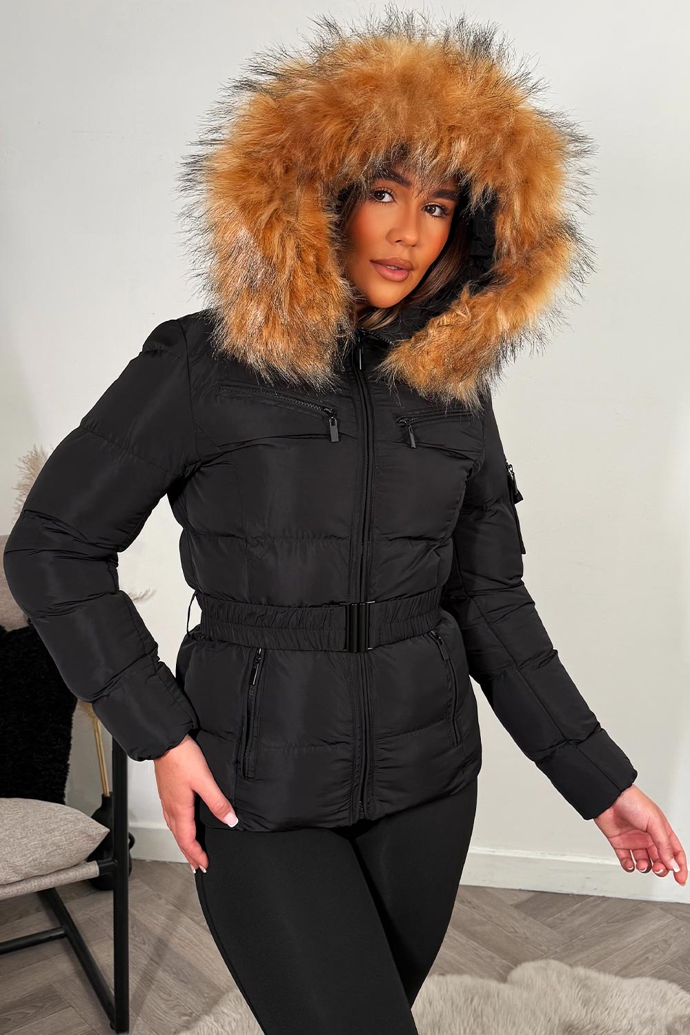 faux fur hooded puffer jacket with belt styledup fashion