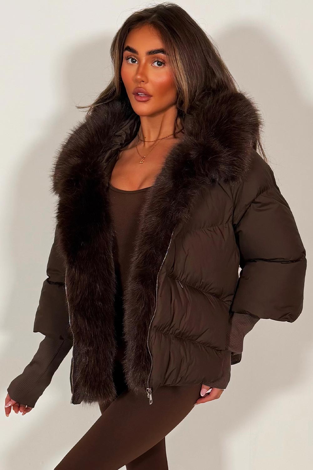 womens fur hood and trim puffer jacket brown styledup
