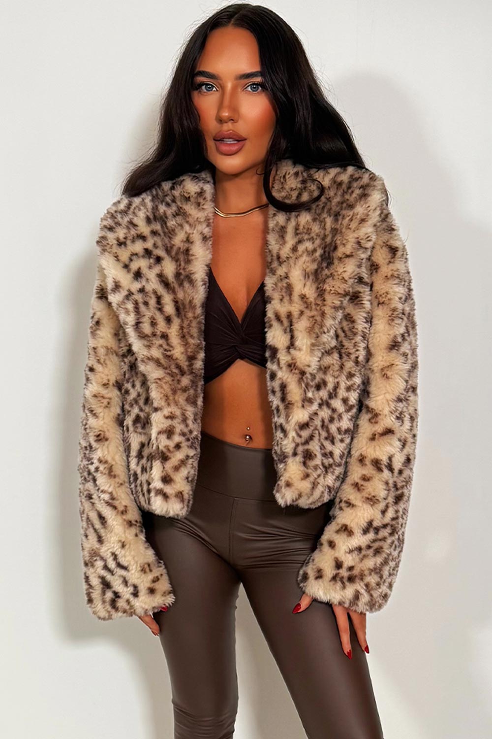 leopard print faux fur jacket with collar styledup