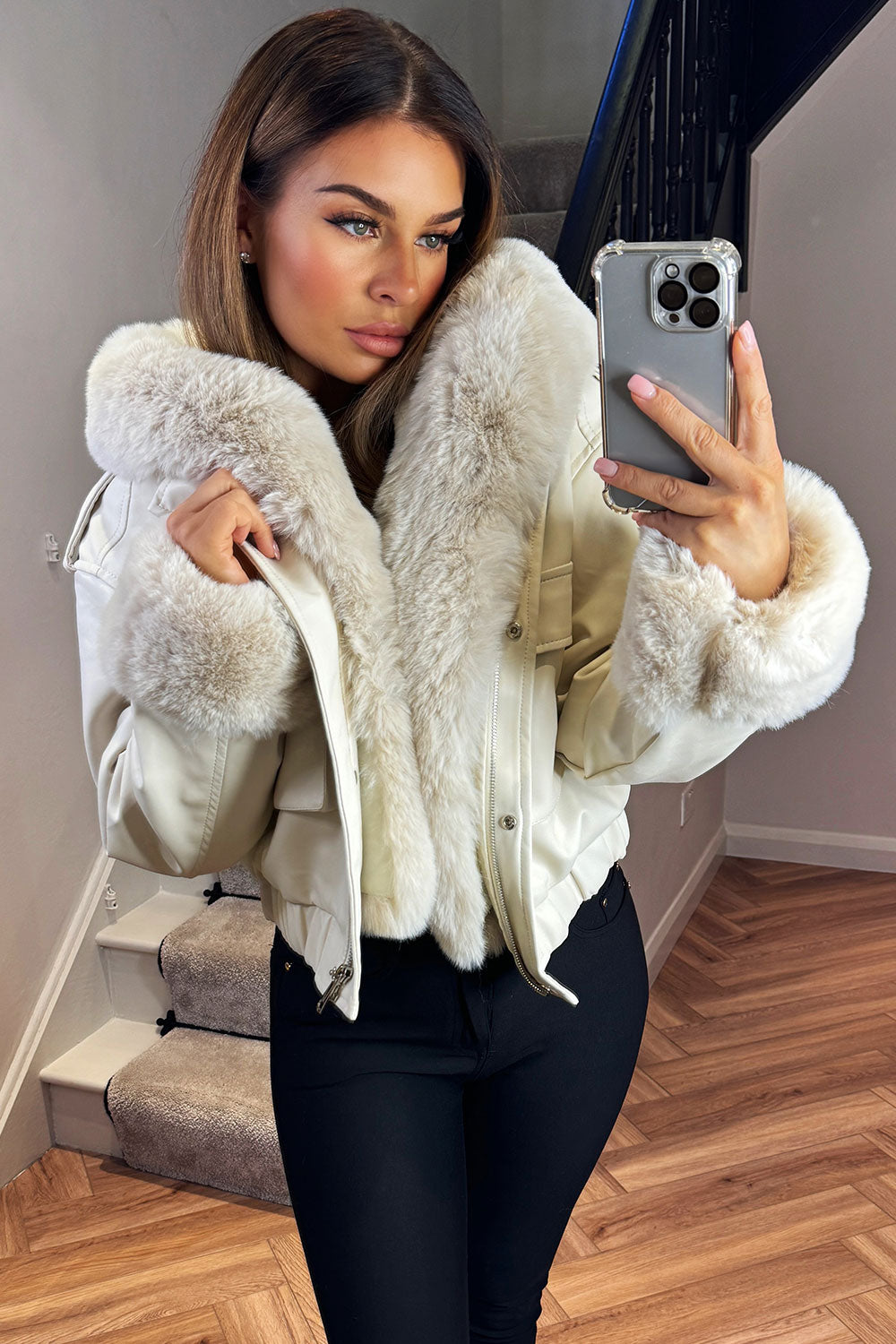 beige faux fur faux leather short bomber jacket with faux fur cuff styledup