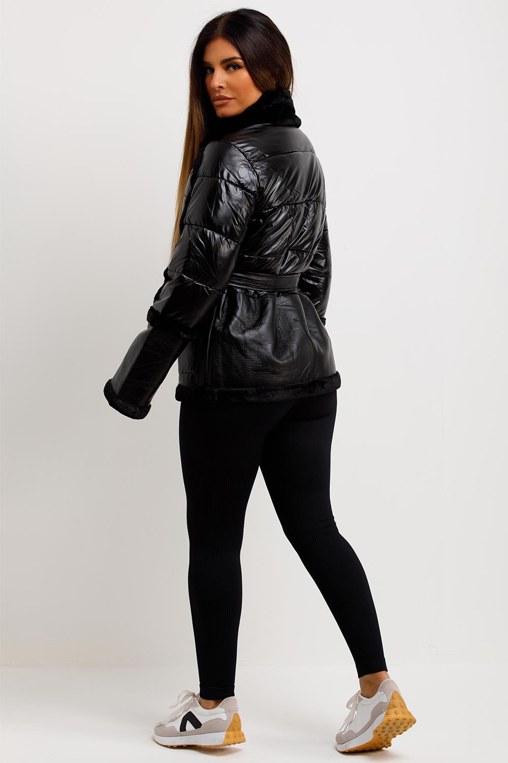 faux fur trim shiny padded jacket womens outerwear