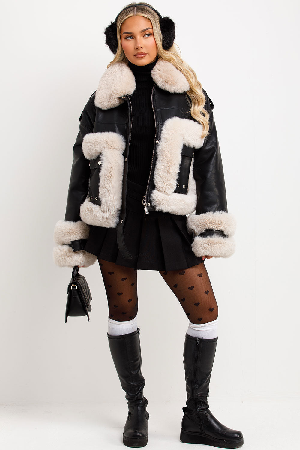 faux fur faux leather aviator jacket styledup
