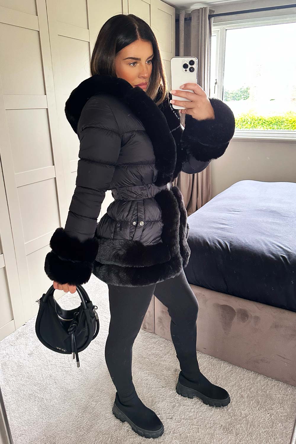 black faux fur trim hooded down jacket with belt womens