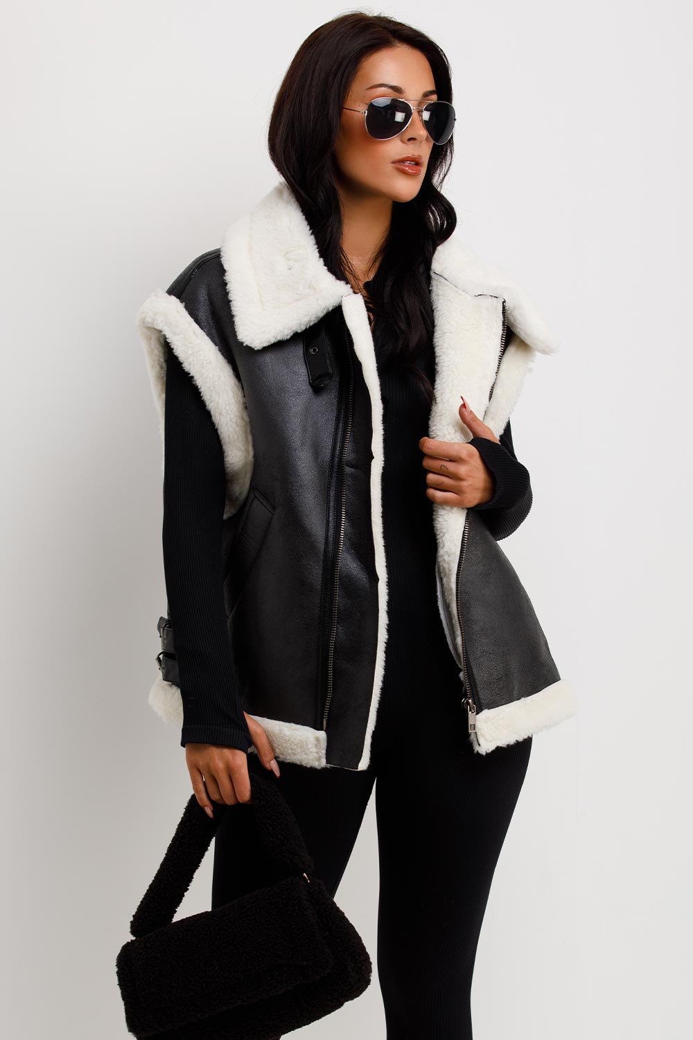 womens faux shearling aviator gilet faux leather