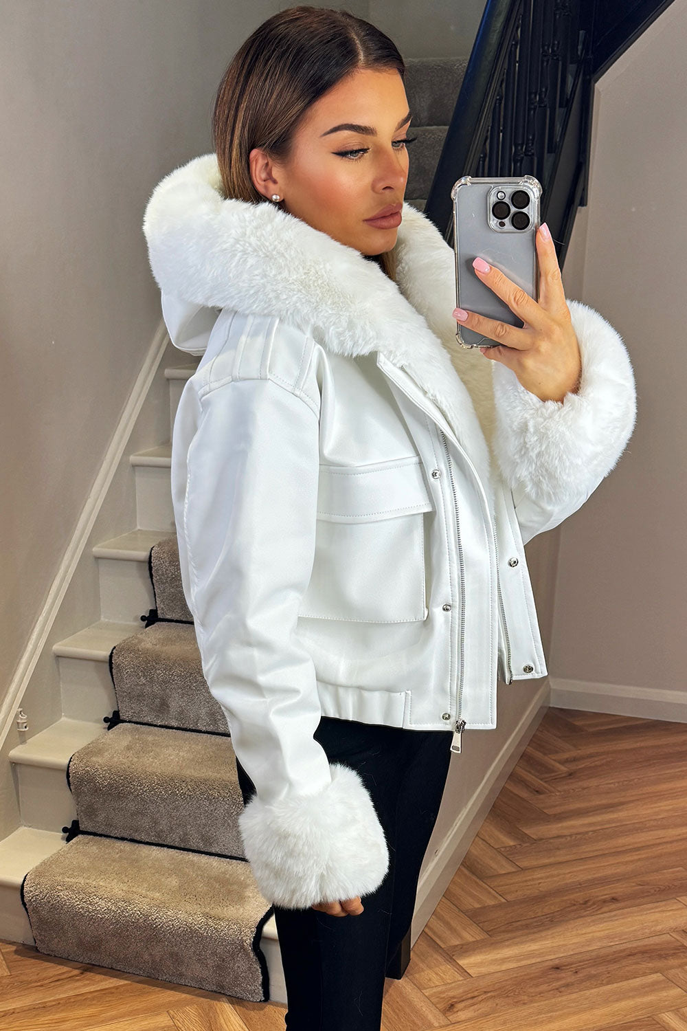 womens faux fur bomber jacket with faux fur hood and fur cuffs styledup