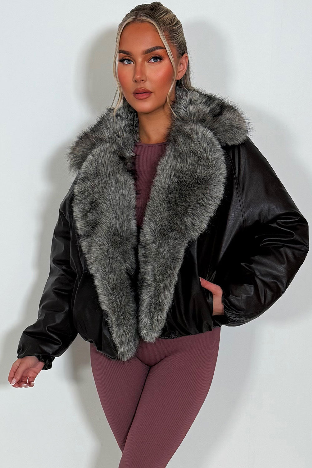 womens fur collar and trim bomber jacket zara uk