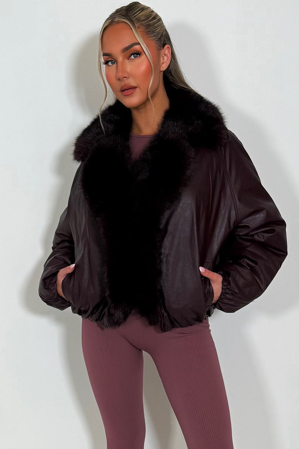 faux fur collar and trim bomber jacket womens styledup
