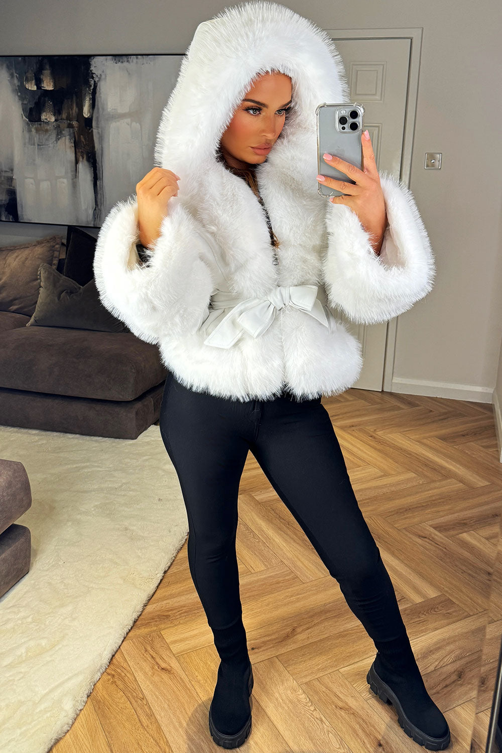 faux leather fuax fur jacket with hood and belt white