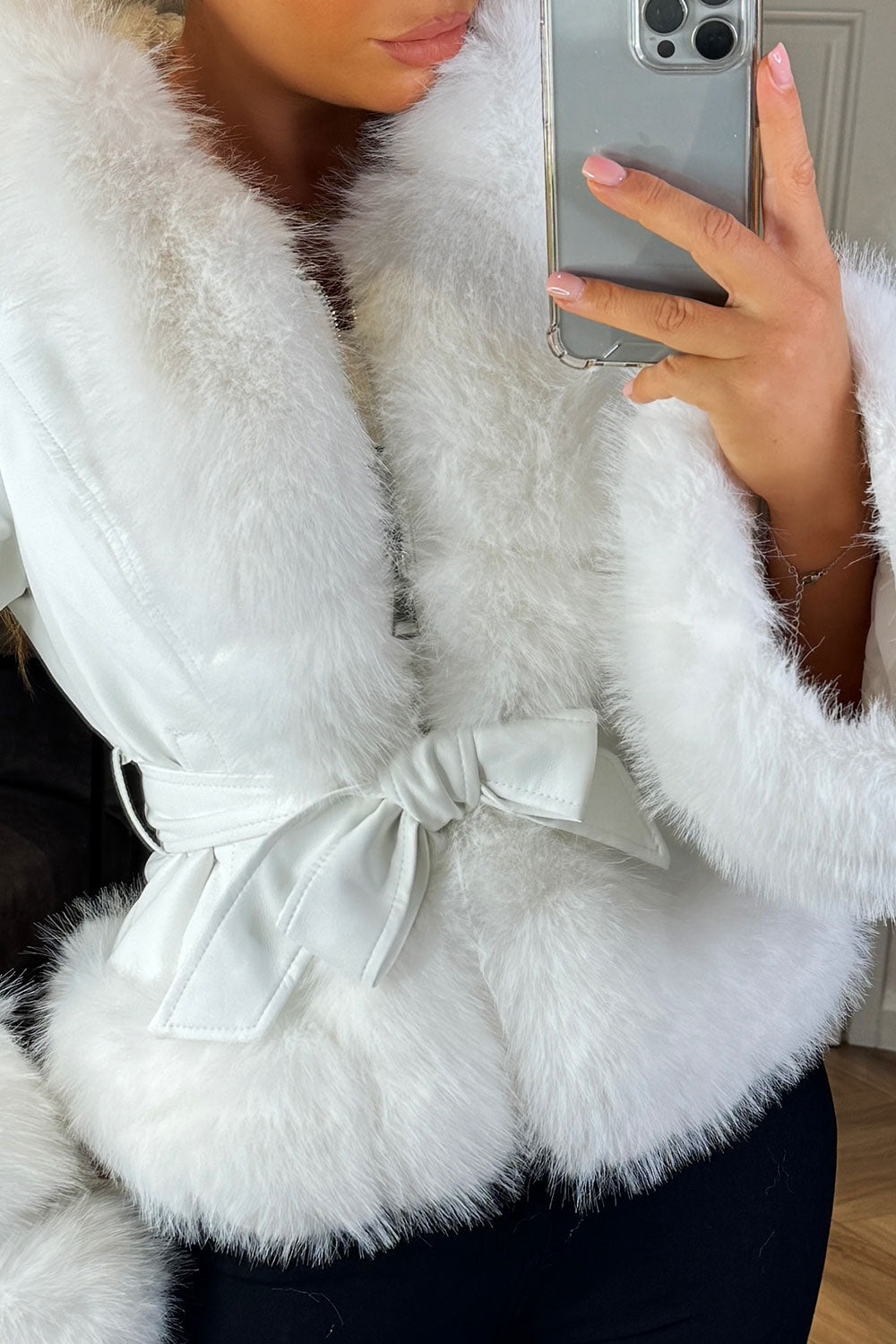 crop fur coat with hood and belt womens styledup