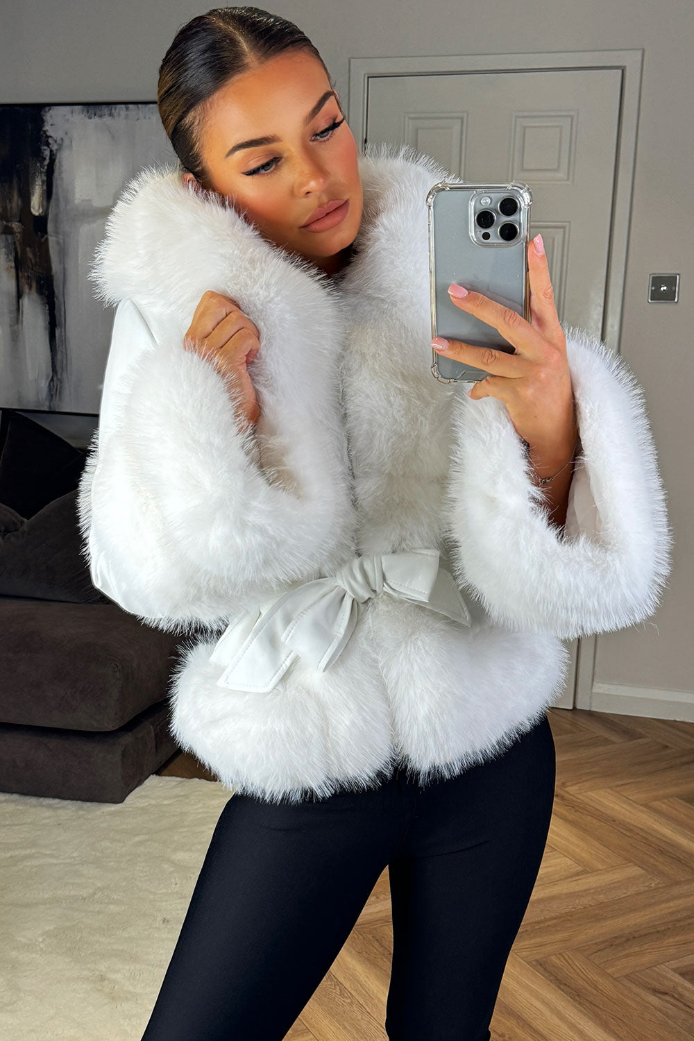 faux fur faux leather coat with belt