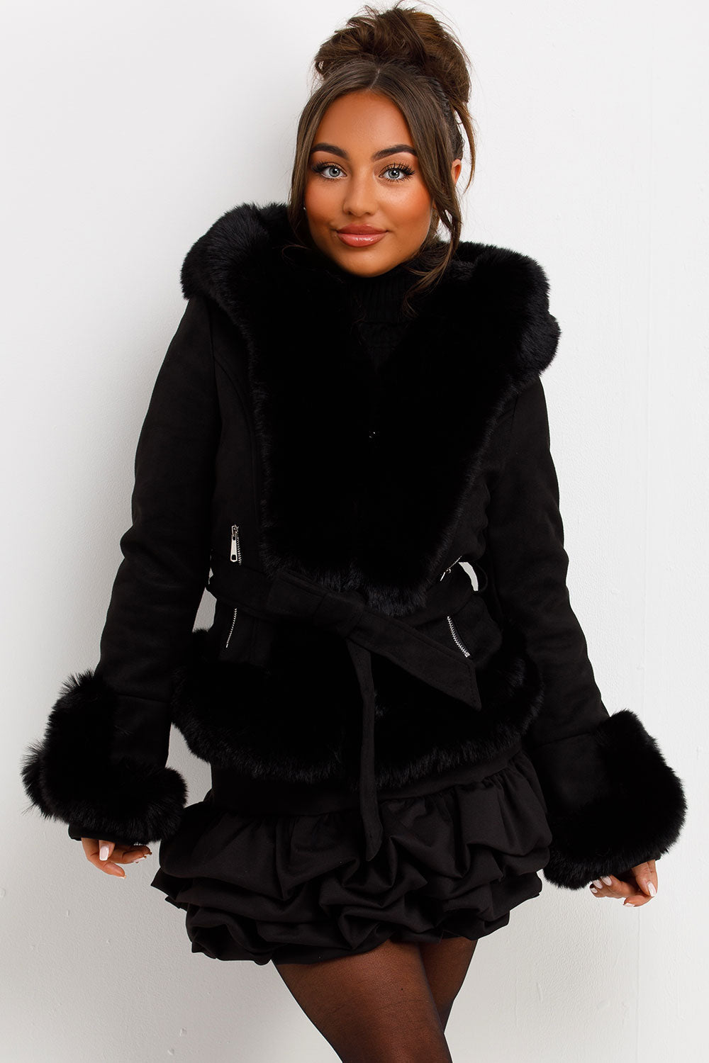 faux fur hood faux fur cuff and trim hooded jacket