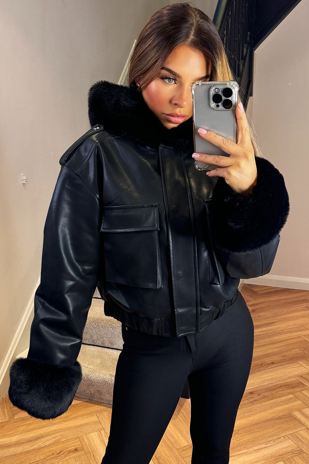 black faux fur faux leather short bomber jacket with faux fur cuff styledup