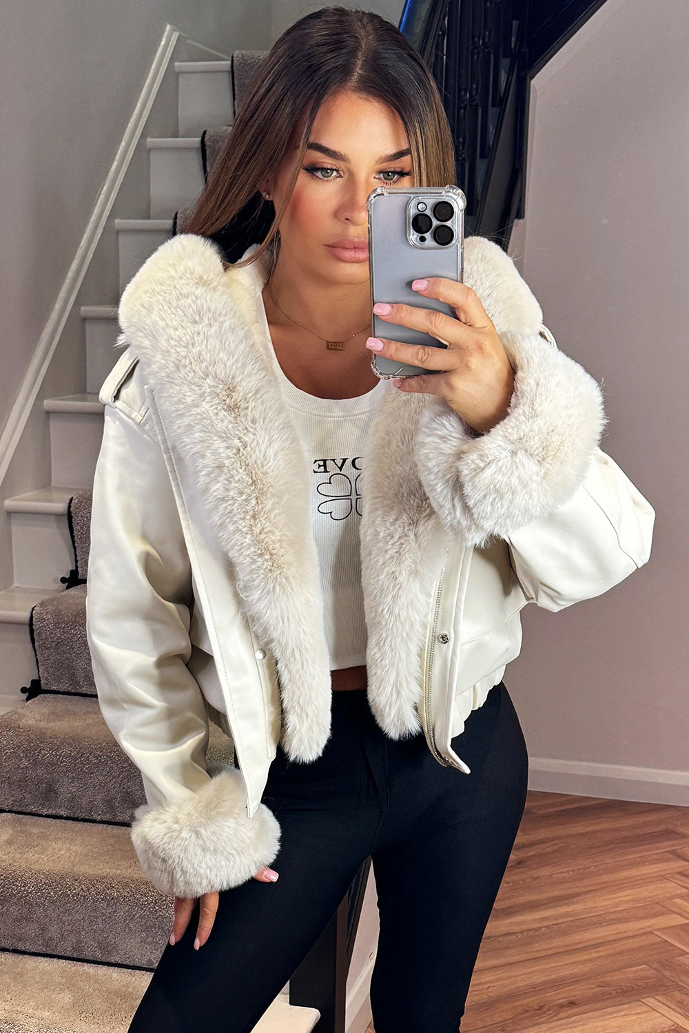 faux fur hood faux fur trim faux fur cuff faux leather short bomber jacket