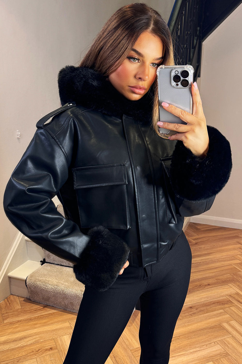 faux fur faux leather bomber jacket with faux fur cuff styledup