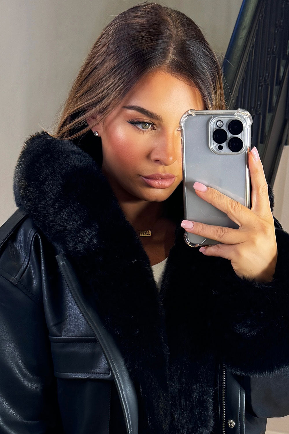 faux fur hood faux fur trim faux fur cuff faux leather short bomber jacket