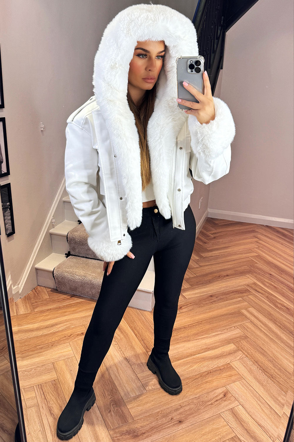 faux fur faux leather bomber jacket womens outerwear white christmas jacket