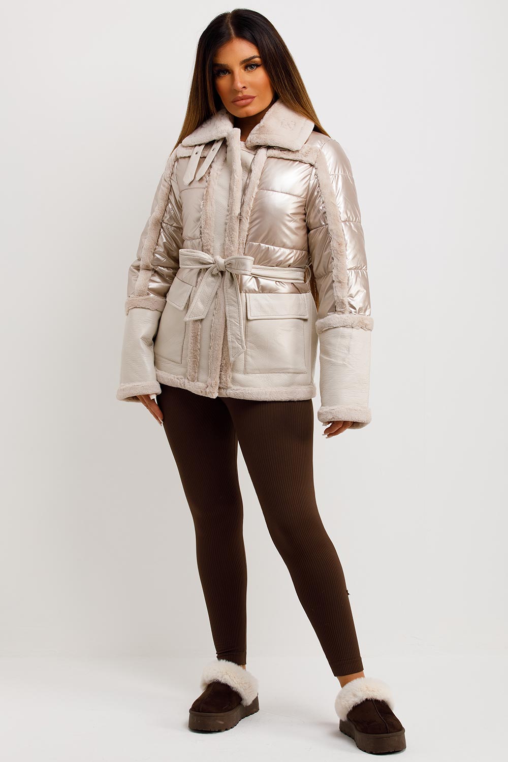 womens padded puffer jacket with fur trim