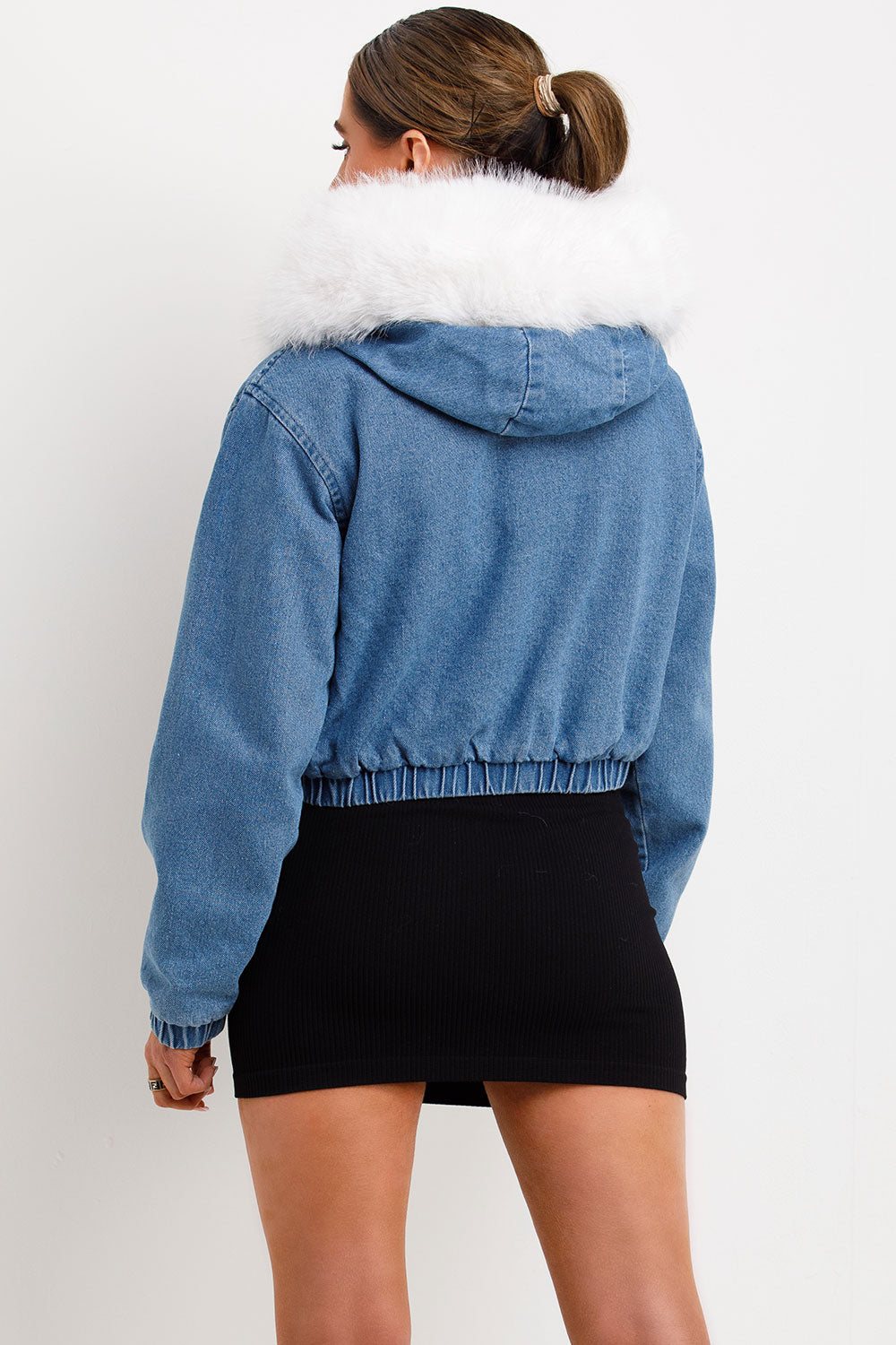 denim blue bomber jacket with white faux fur hood womens styledup