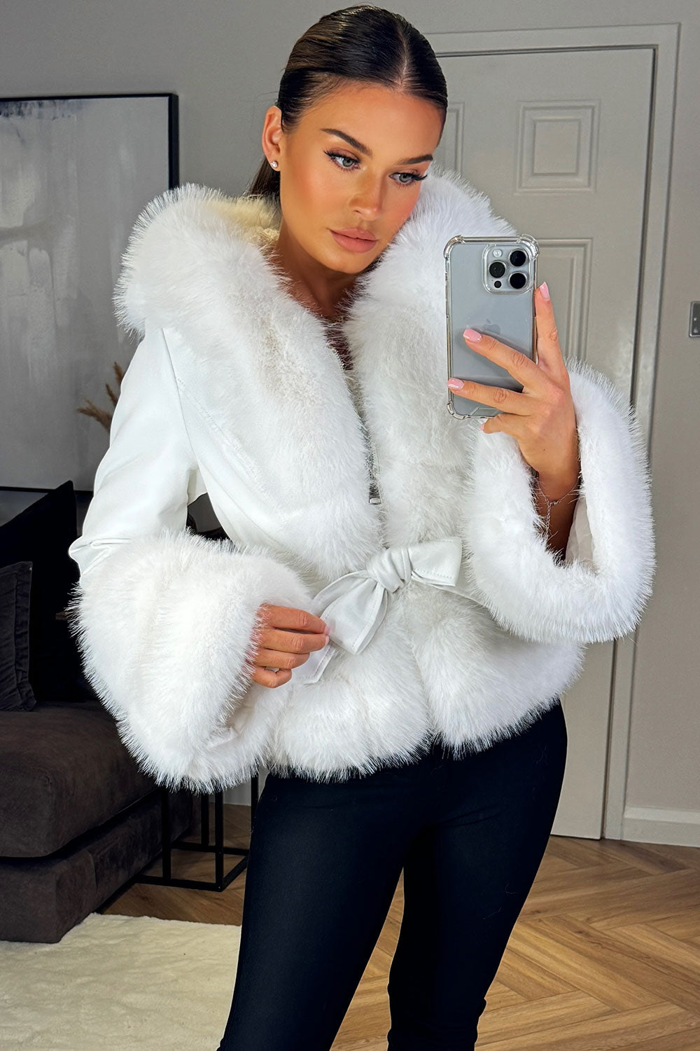 fur coat with hood and belt white styledup