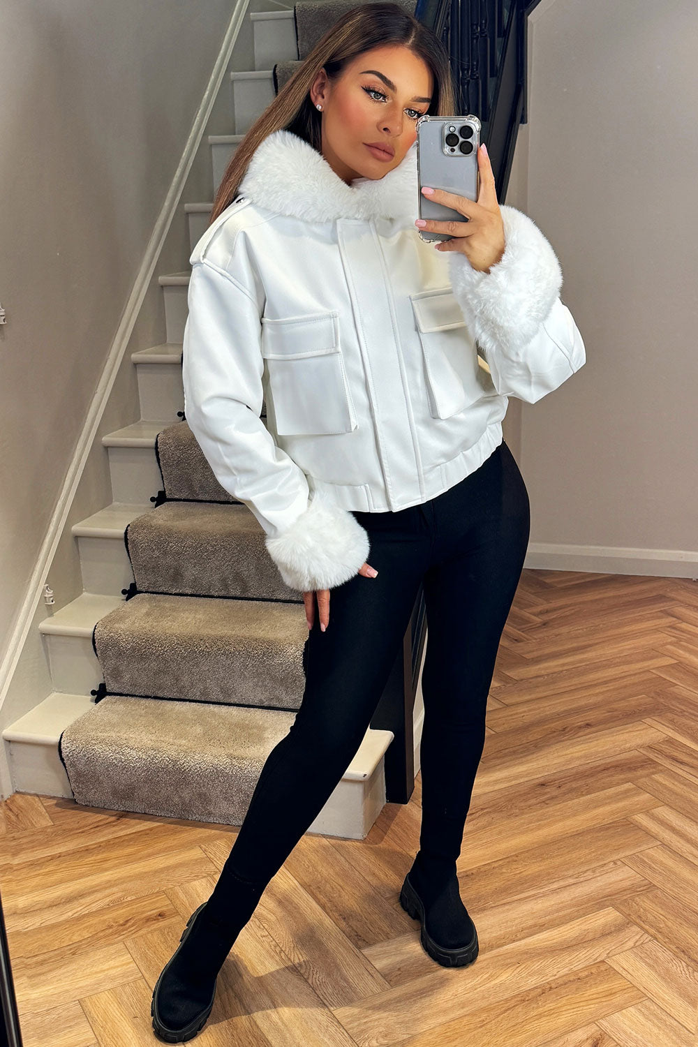 white faux fur faux leather short bomber jacket with faux fur cuff styledup
