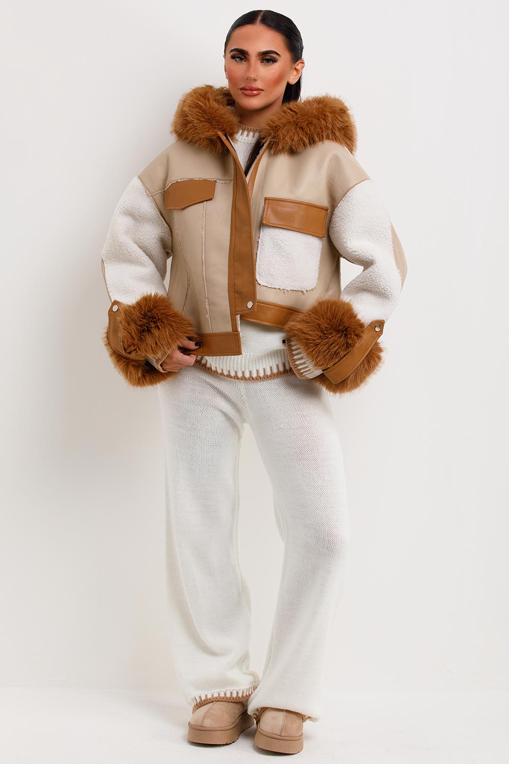 womens shearling faux leather faux fur hood jacket