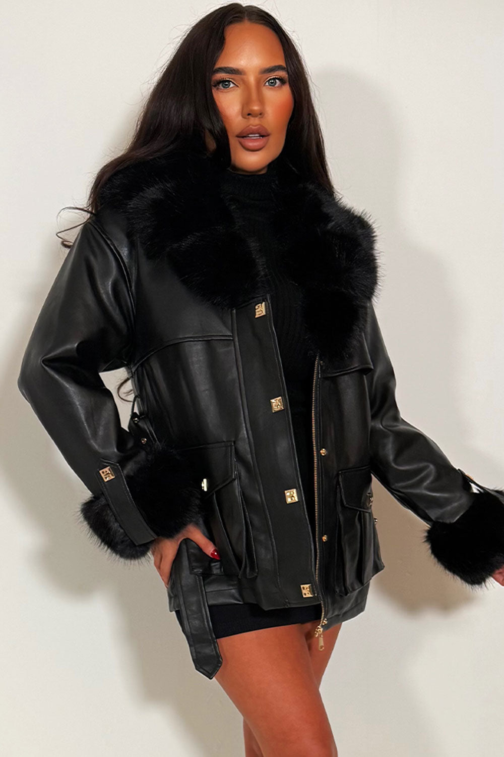 faux leather faux fur cuff and collar winter jacket with belt styledup