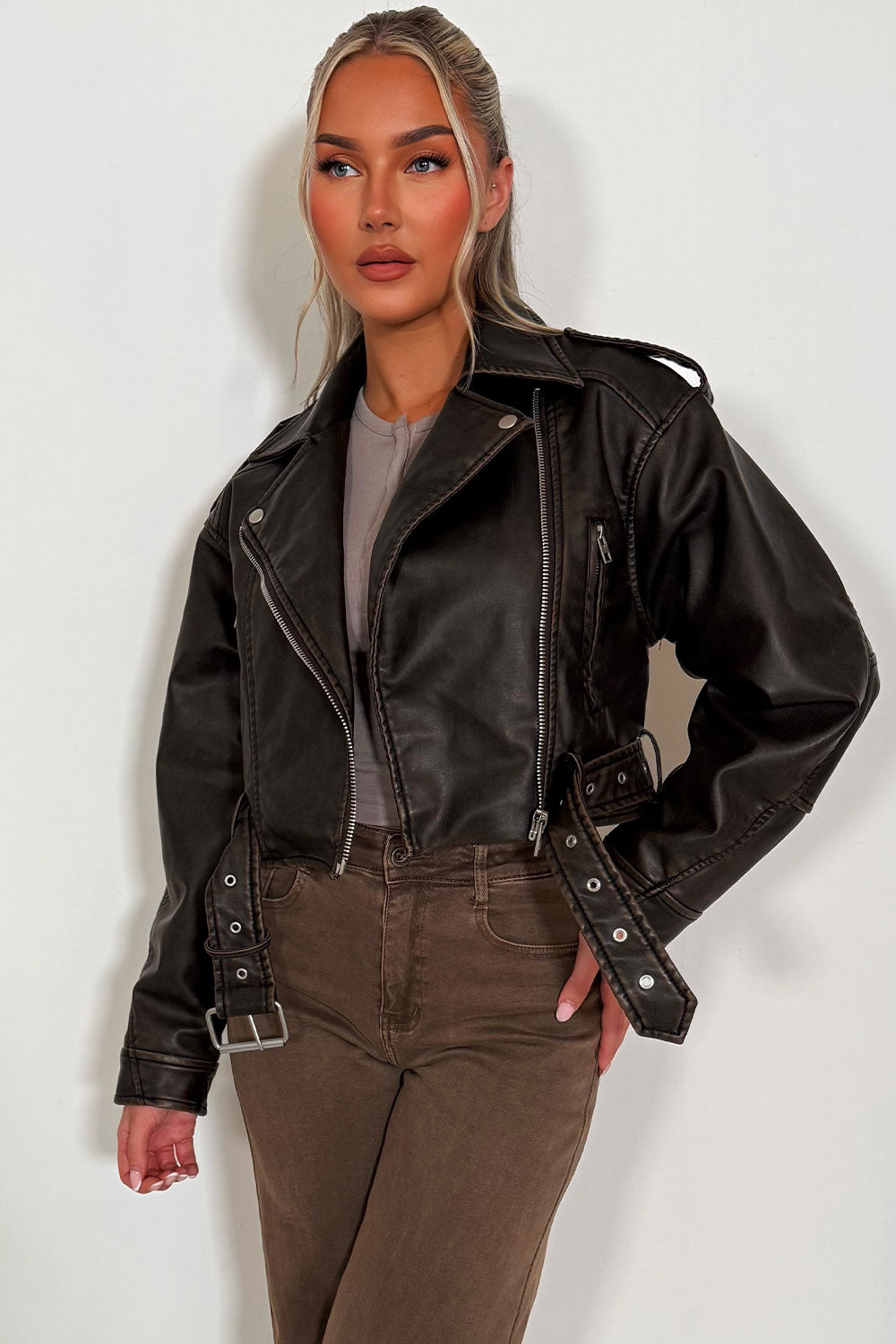 zara womens faux leather short jacket brown