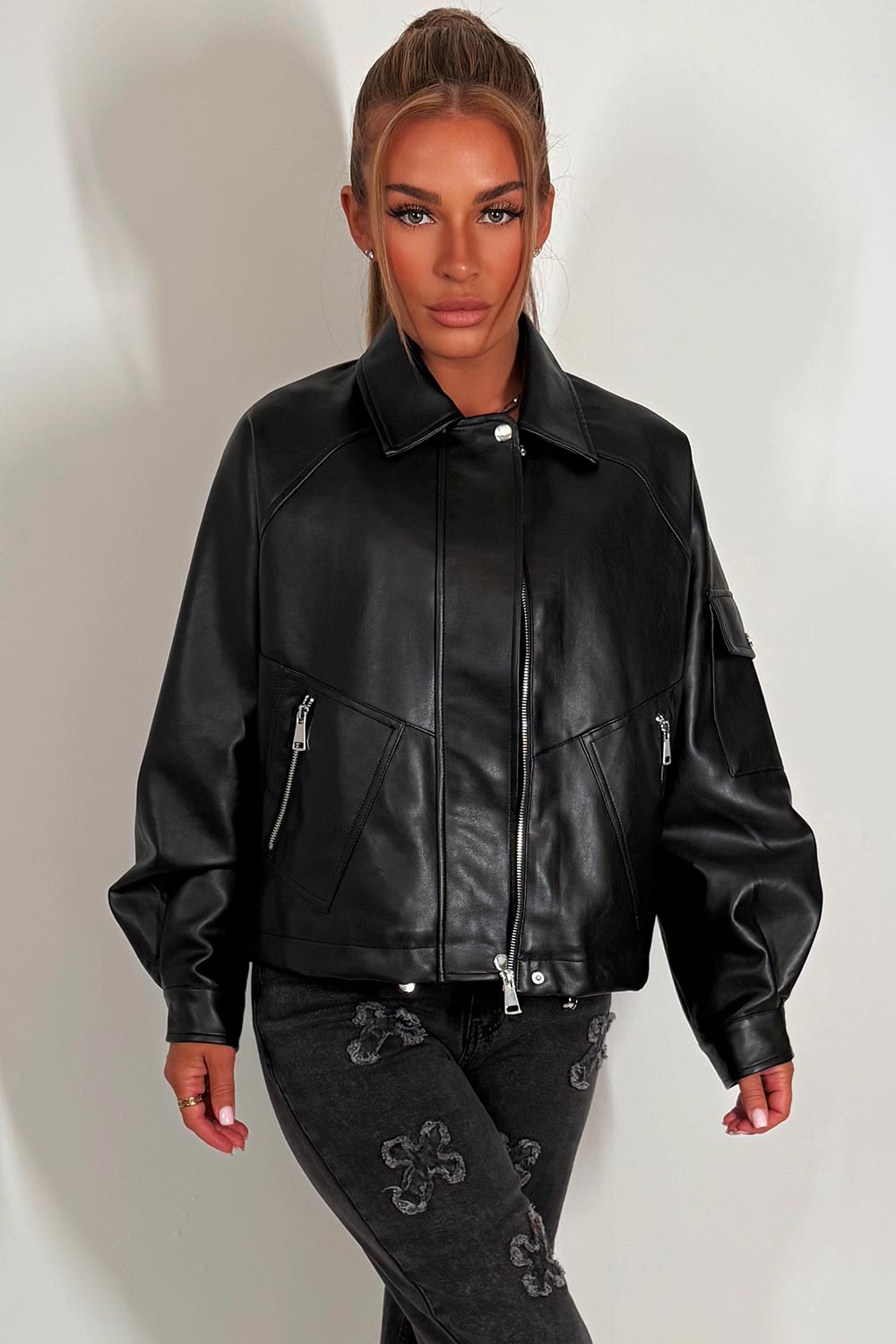 womens black jacket in faux leather zara uk
