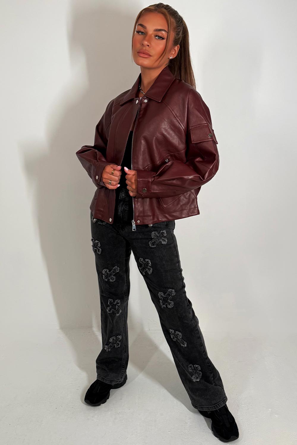 womens burgundy faux leather jacket zara uk