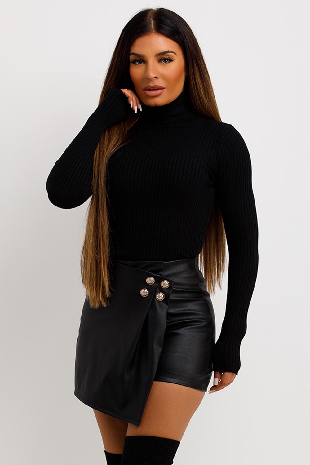 womens faux leather skorts with gold buttons