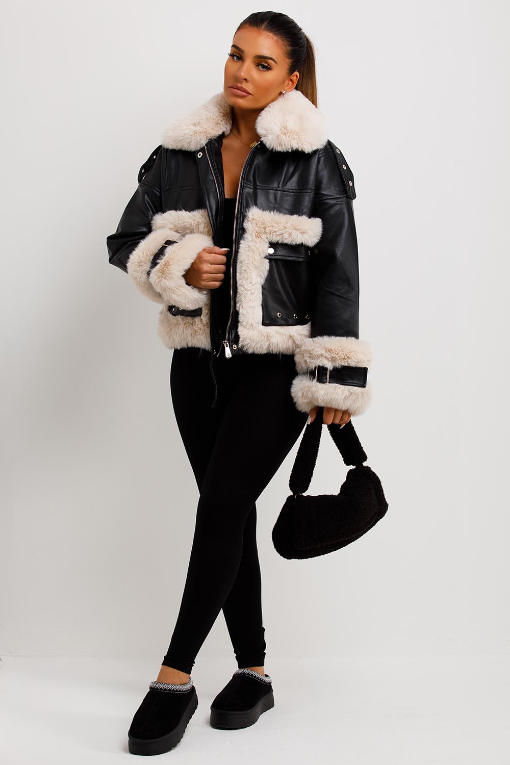 womens faux leather jacket with faux fur trim