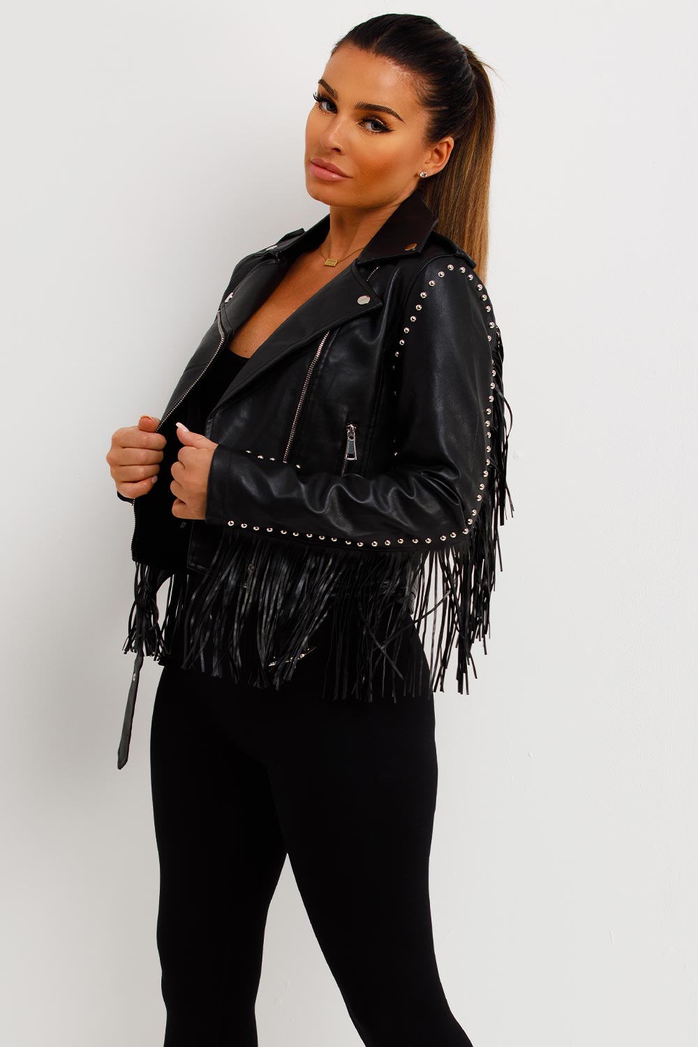 black faux leather biker jacket