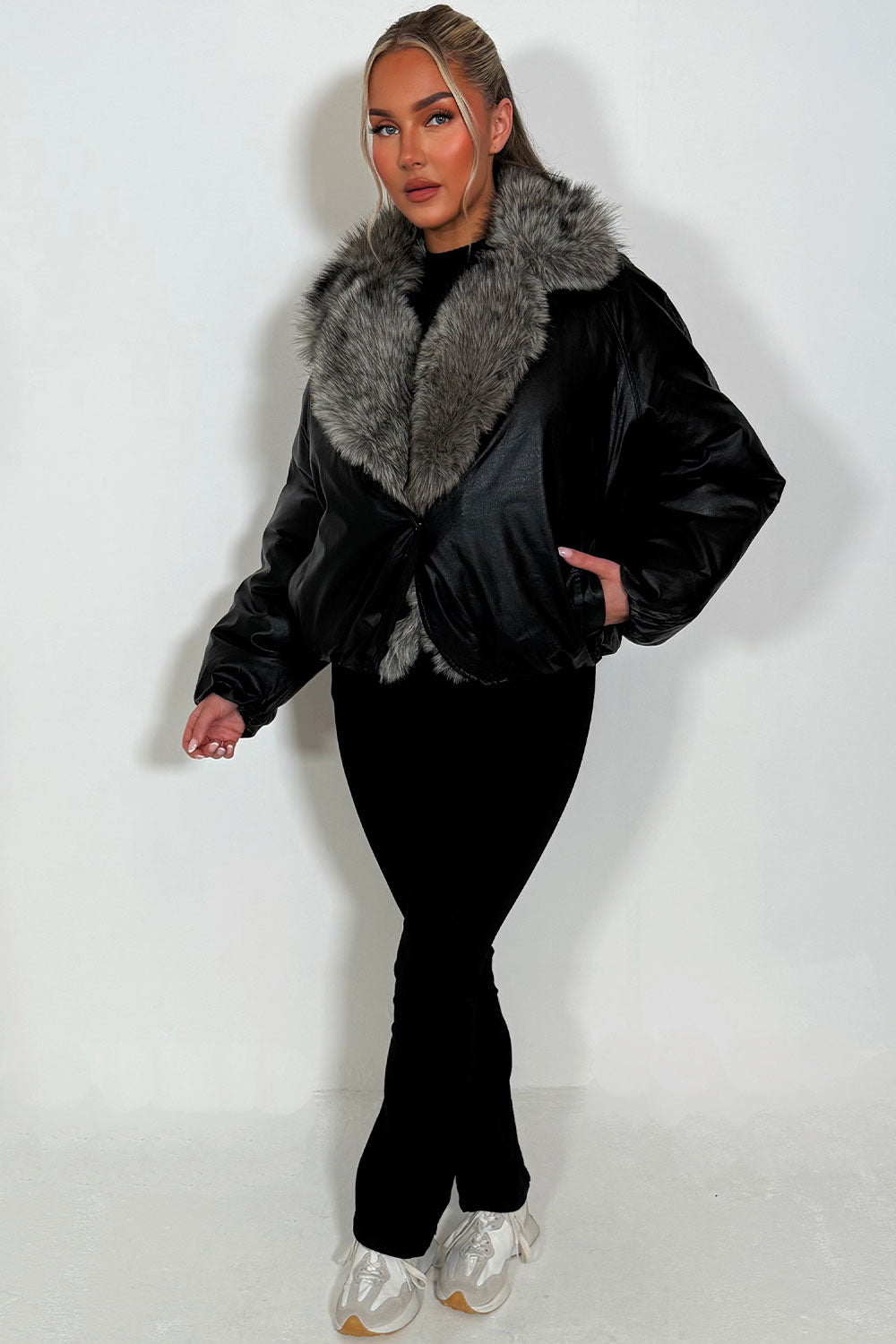 Black Bomber Jacket With Faux Fur Collar And Trim