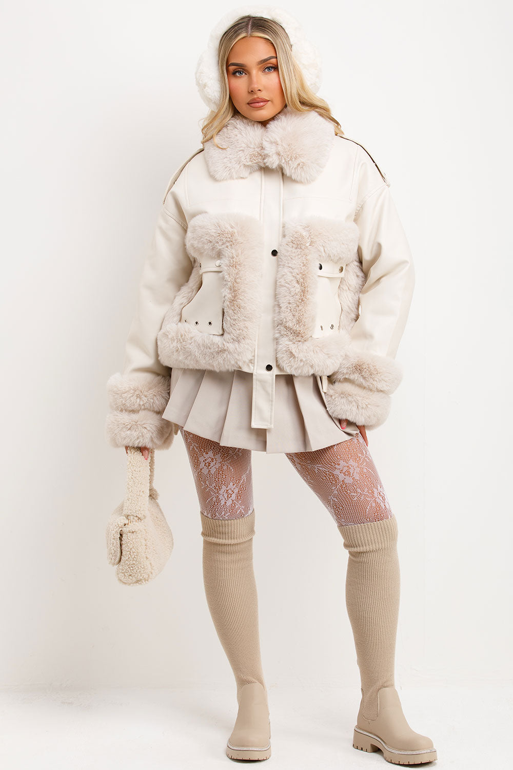 faux leather faux fur aviator jacket beige styledup