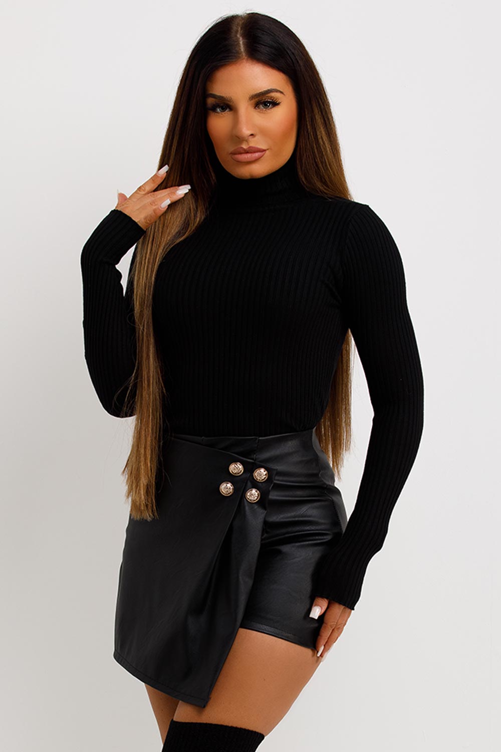 womens faux leather wrap over detail gold button shorts