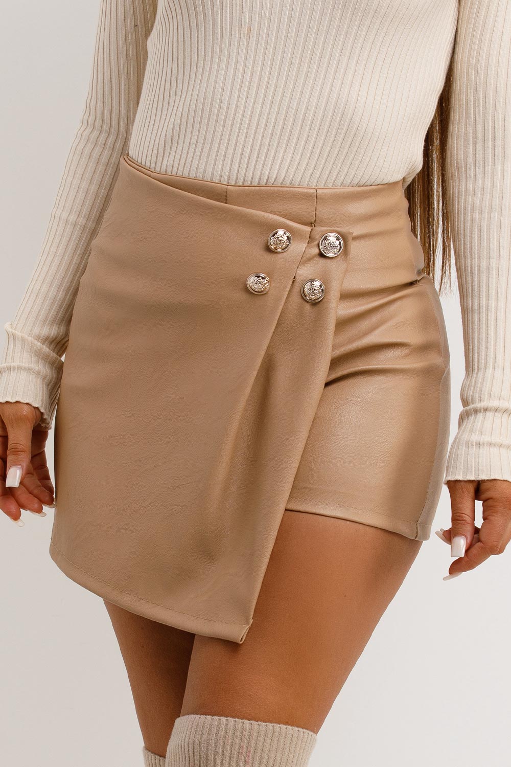 faux leather skorts with gold buttons