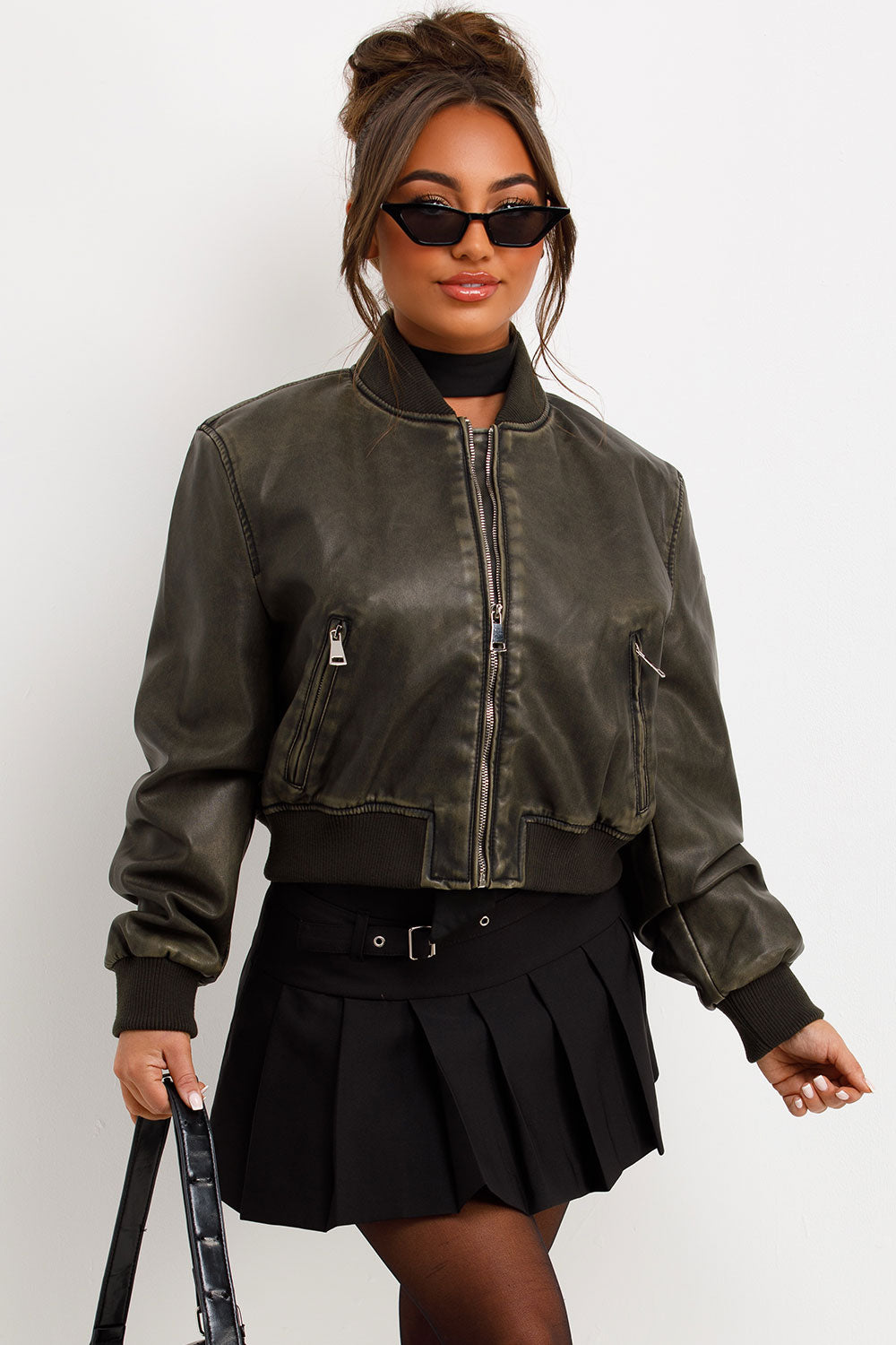 womens faux leather bomber jacket charcoal styledup