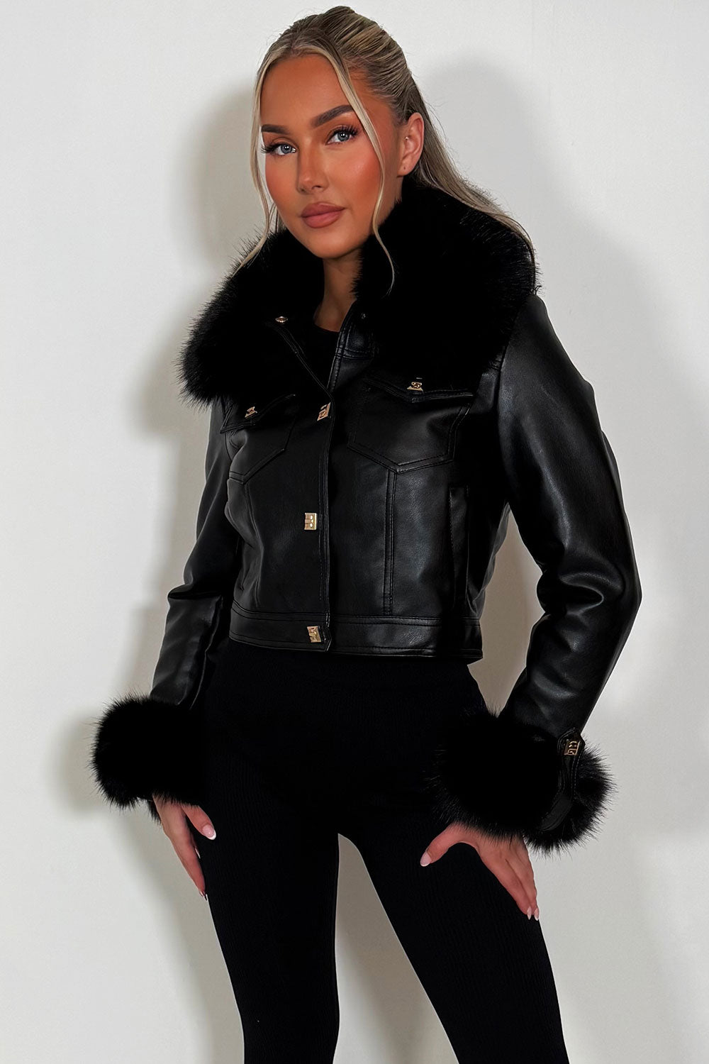 womens fur cuff and collar faux leather gold button bomber jacket styled up