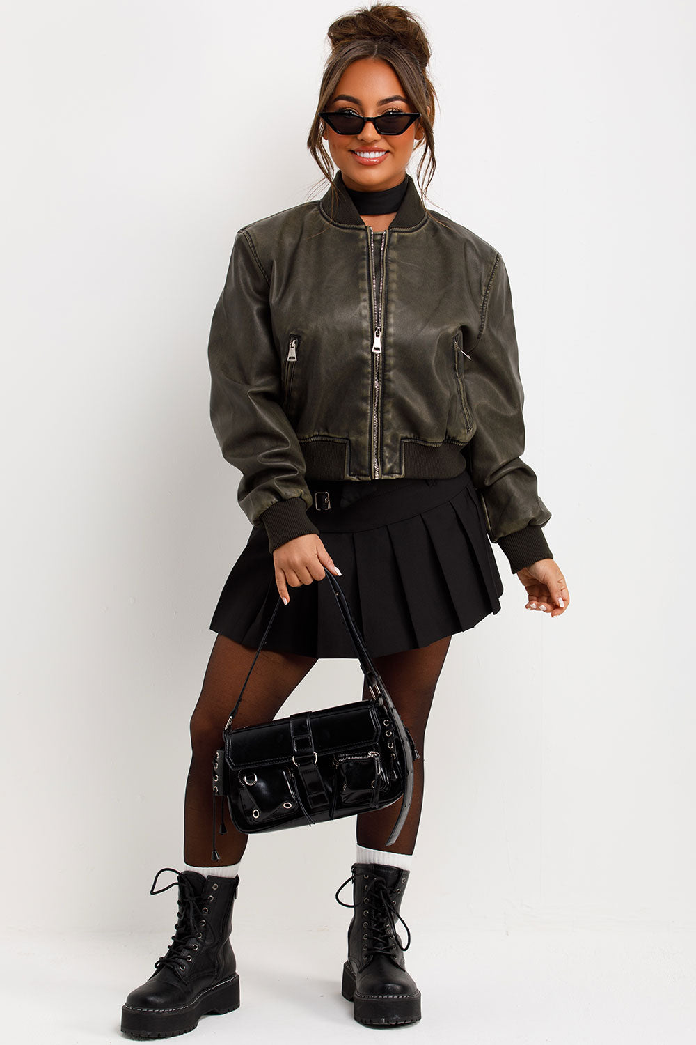 womens distressed faux leather bomber jacket zara uk